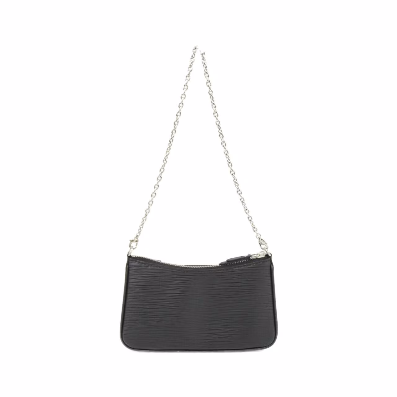 Small textured leather pouch with a chain strap, photographed against a plain background.