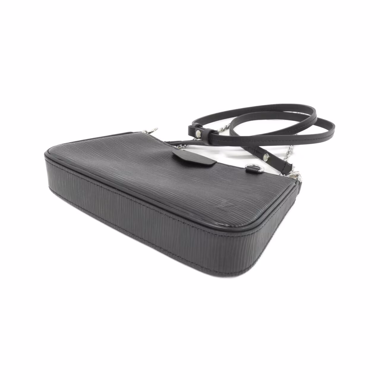 Small textured leather pouch with a chain strap, photographed against a plain background.