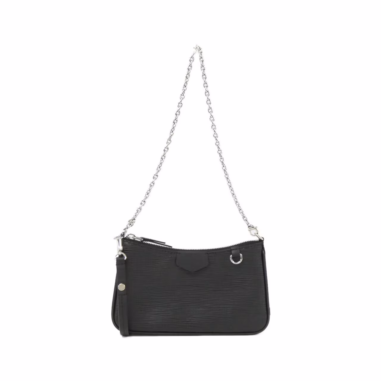Small textured leather pouch with a chain strap, photographed against a plain background.