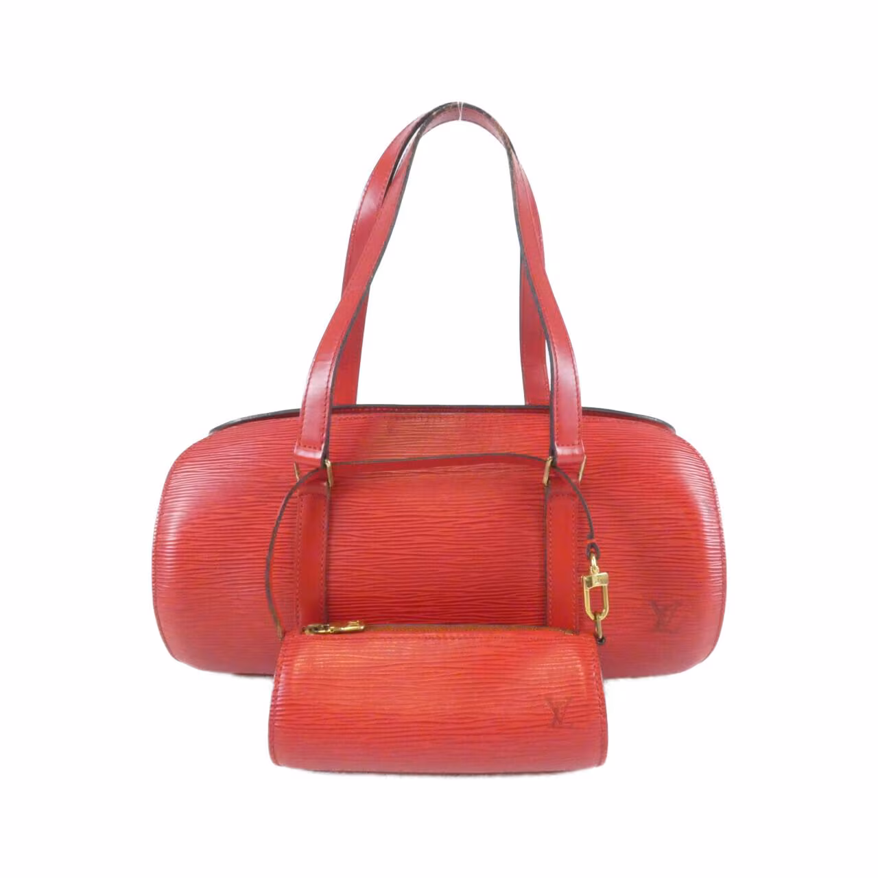 Textured black leather handbag with two rolled top handles.
