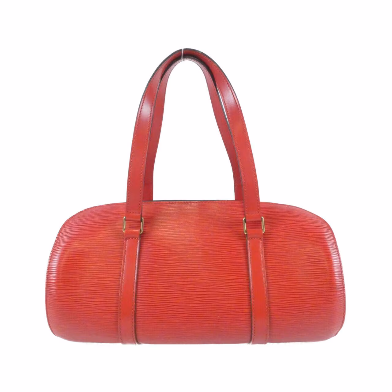 Textured black leather handbag with two rolled top handles.