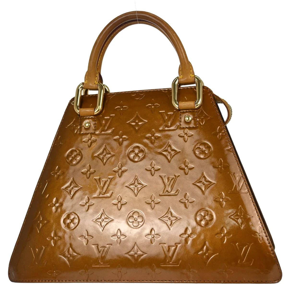 Glossy bronze embossed patent leather handbag with two short handles.