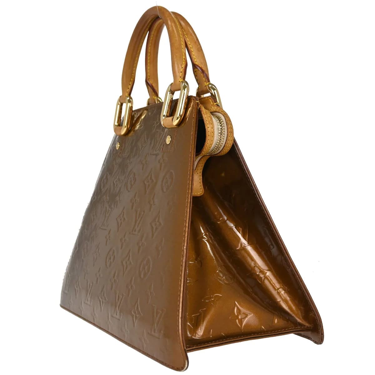 Glossy bronze embossed patent leather handbag with two short handles.