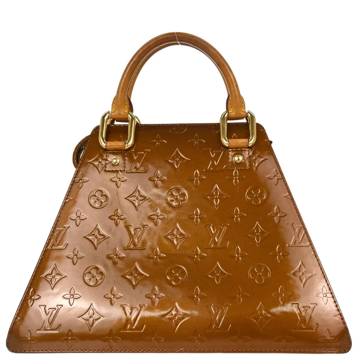 Glossy bronze embossed patent leather handbag with two short handles.