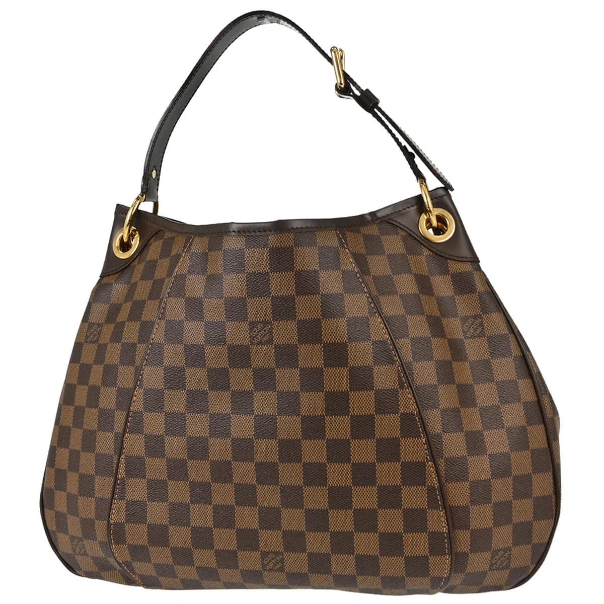 Brown checkered canvas hobo bag with a wide shoulder strap and leather trim