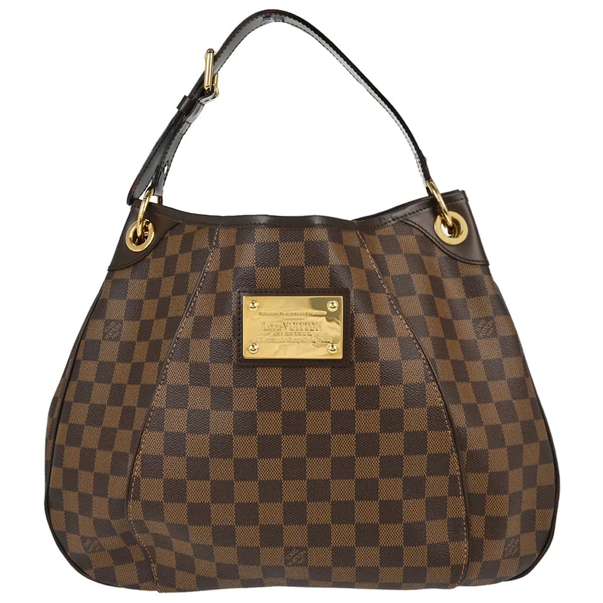 Brown checkered canvas hobo bag with a wide shoulder strap and leather trim
