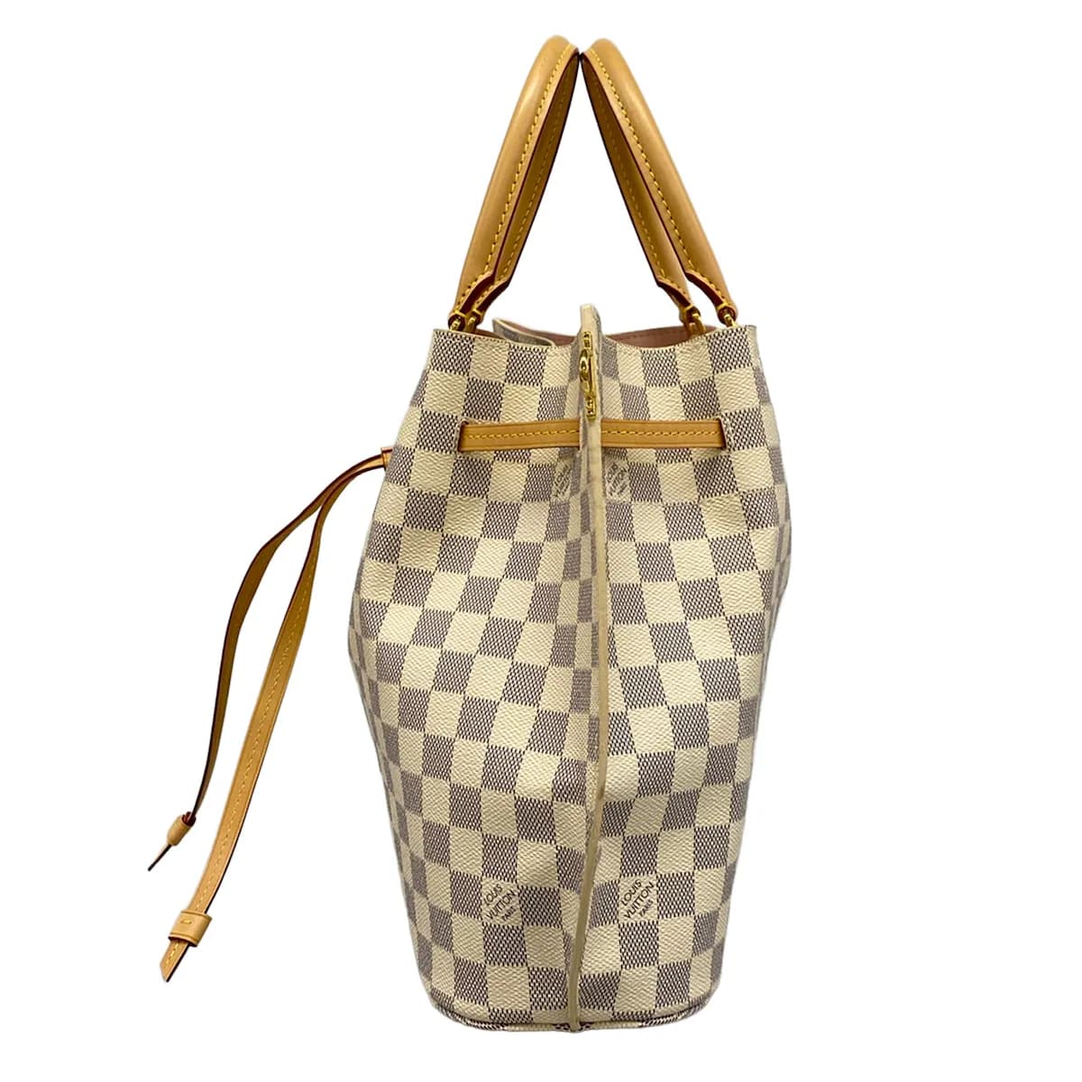 Pale checked canvas tote with leather shoulder straps