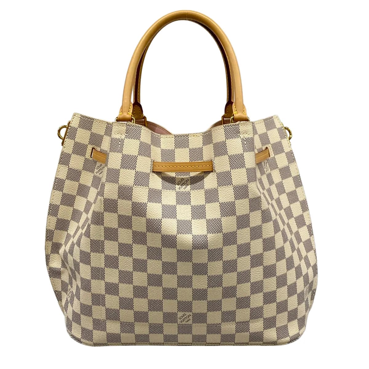 Pale checked canvas tote with leather shoulder straps