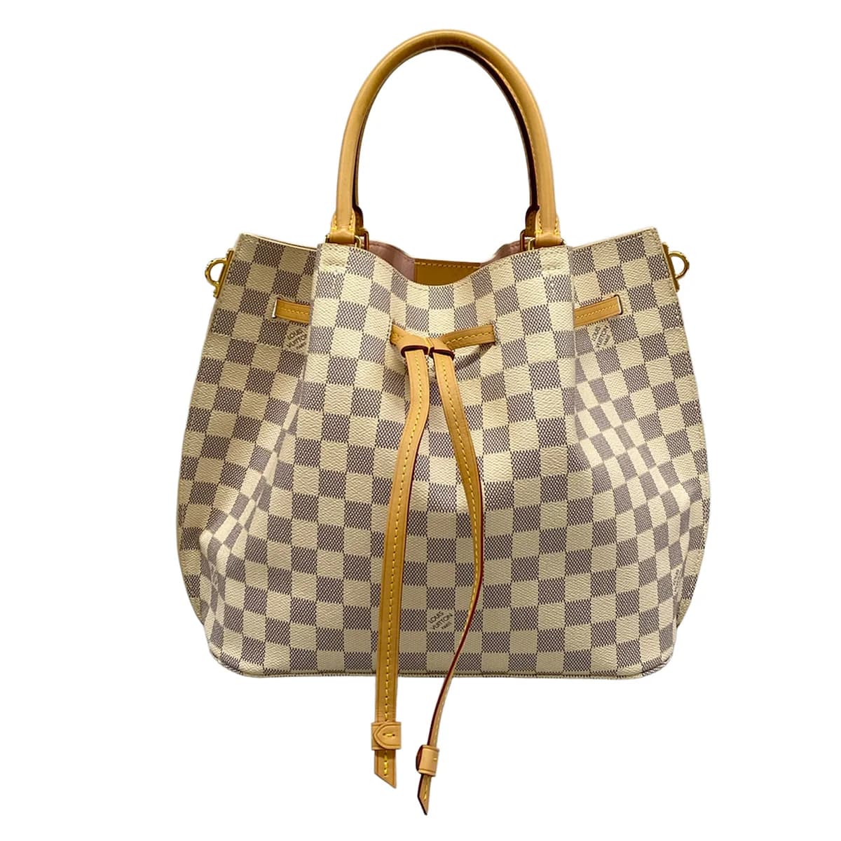 Pale checked canvas tote with leather shoulder straps