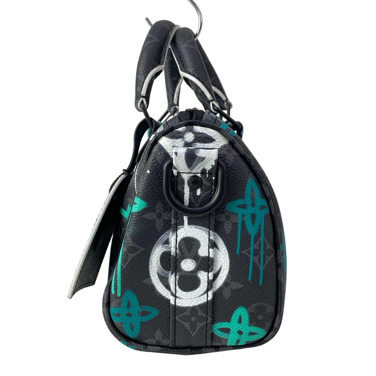 Dark grey and black monogram-patterned canvas bag with black trim.