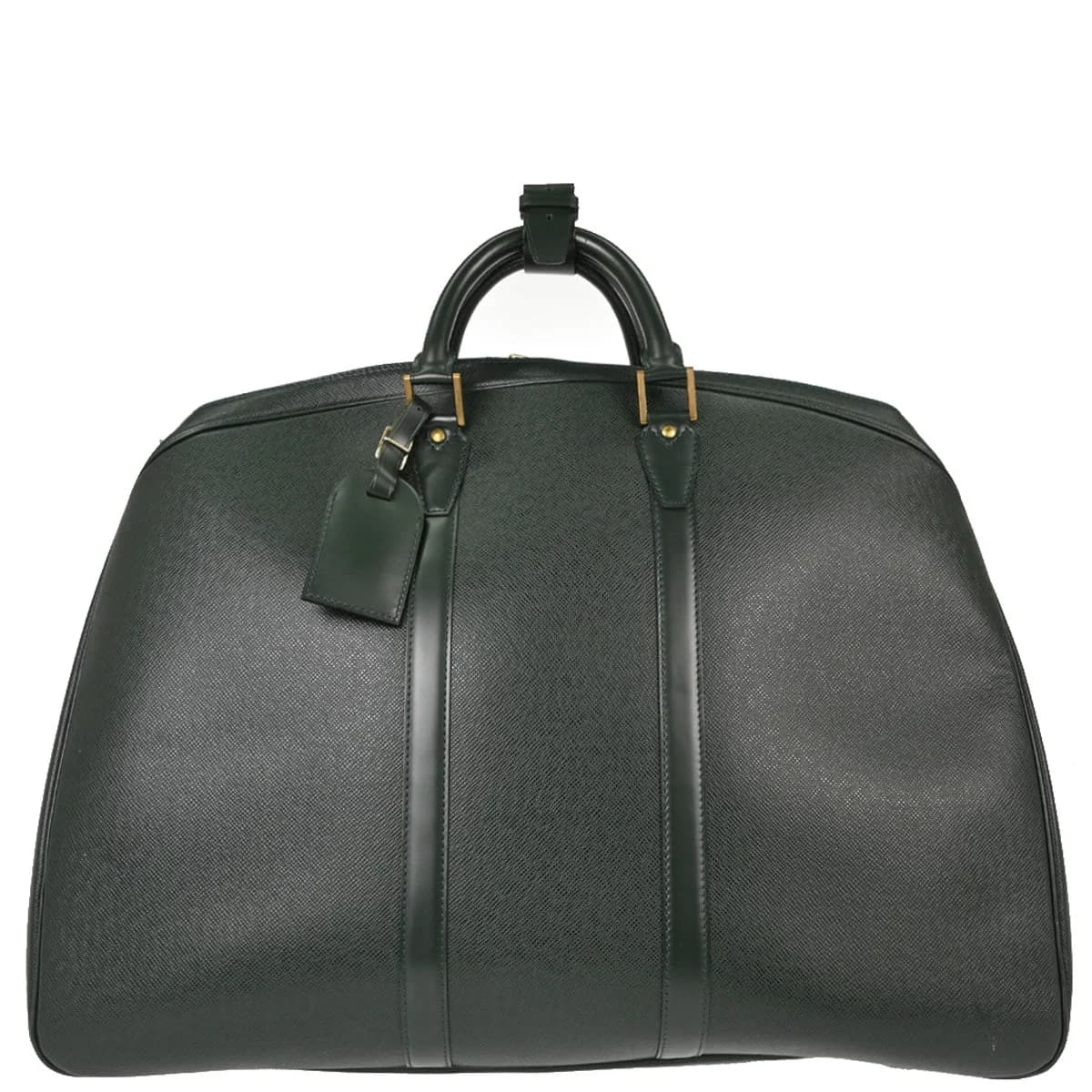 Dark green grained leather travel holdall with twin handles and a zip top