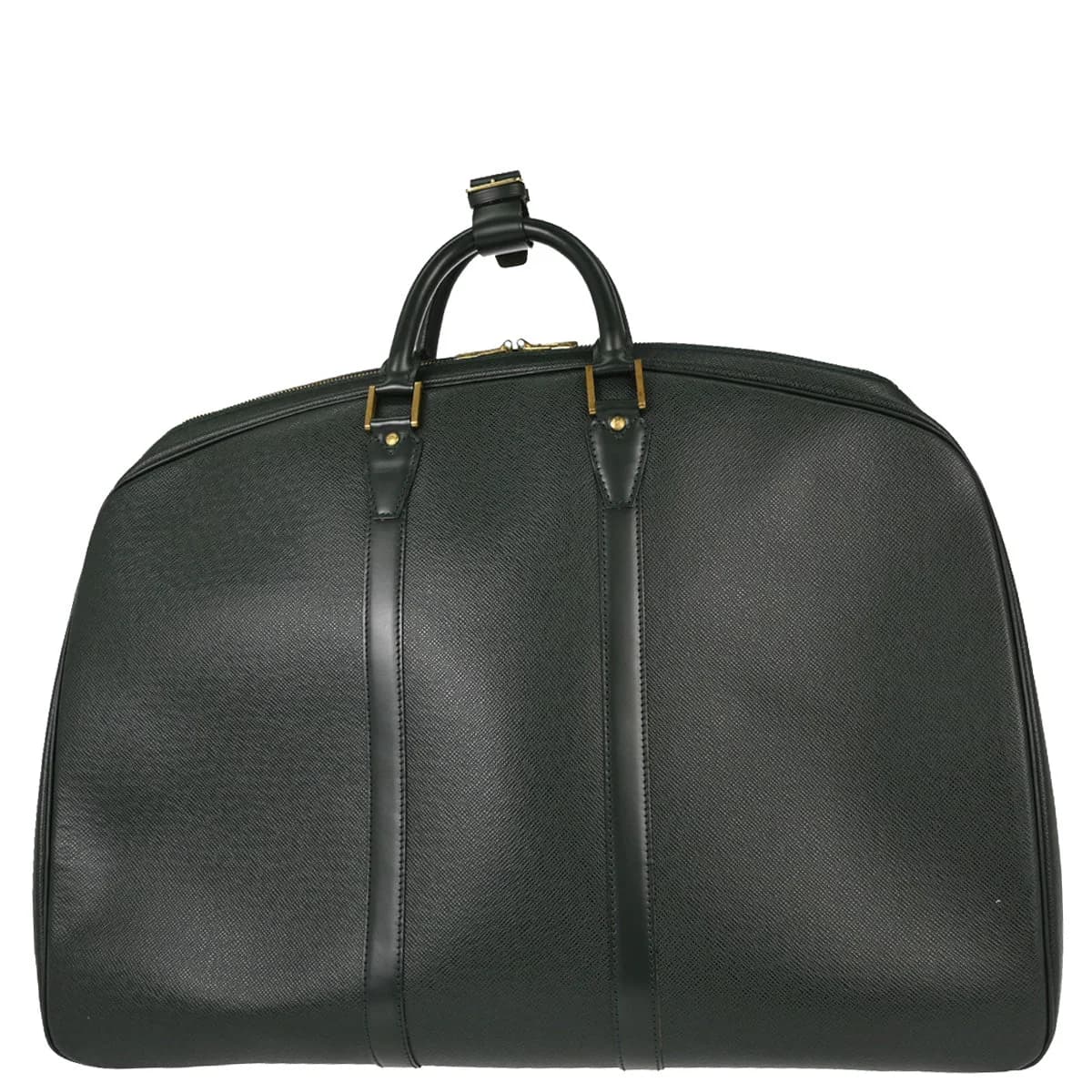 Dark green grained leather travel holdall with twin handles and a zip top