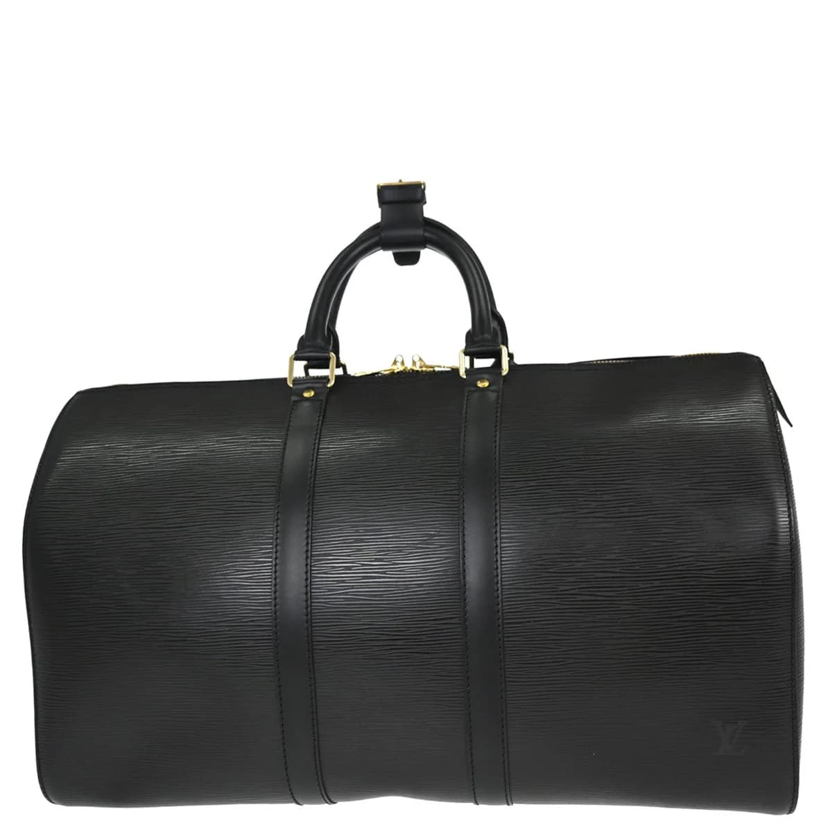 Black textured-leather duffel-style travel bag with double handles and a zip top.