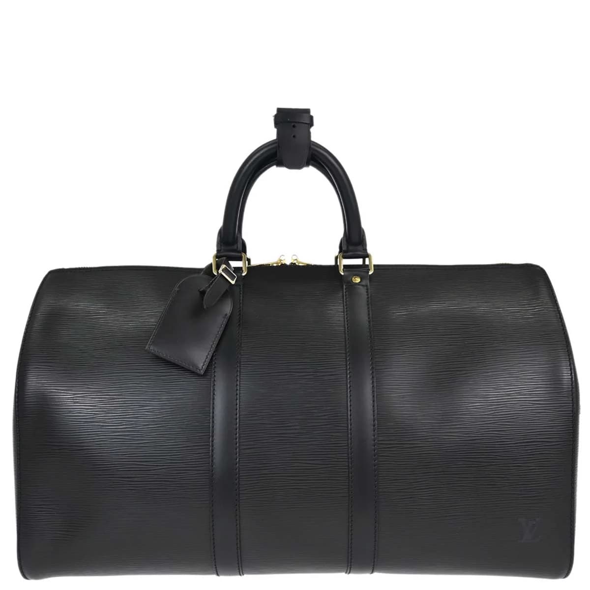Black textured-leather duffel-style travel bag with double handles and a zip top.