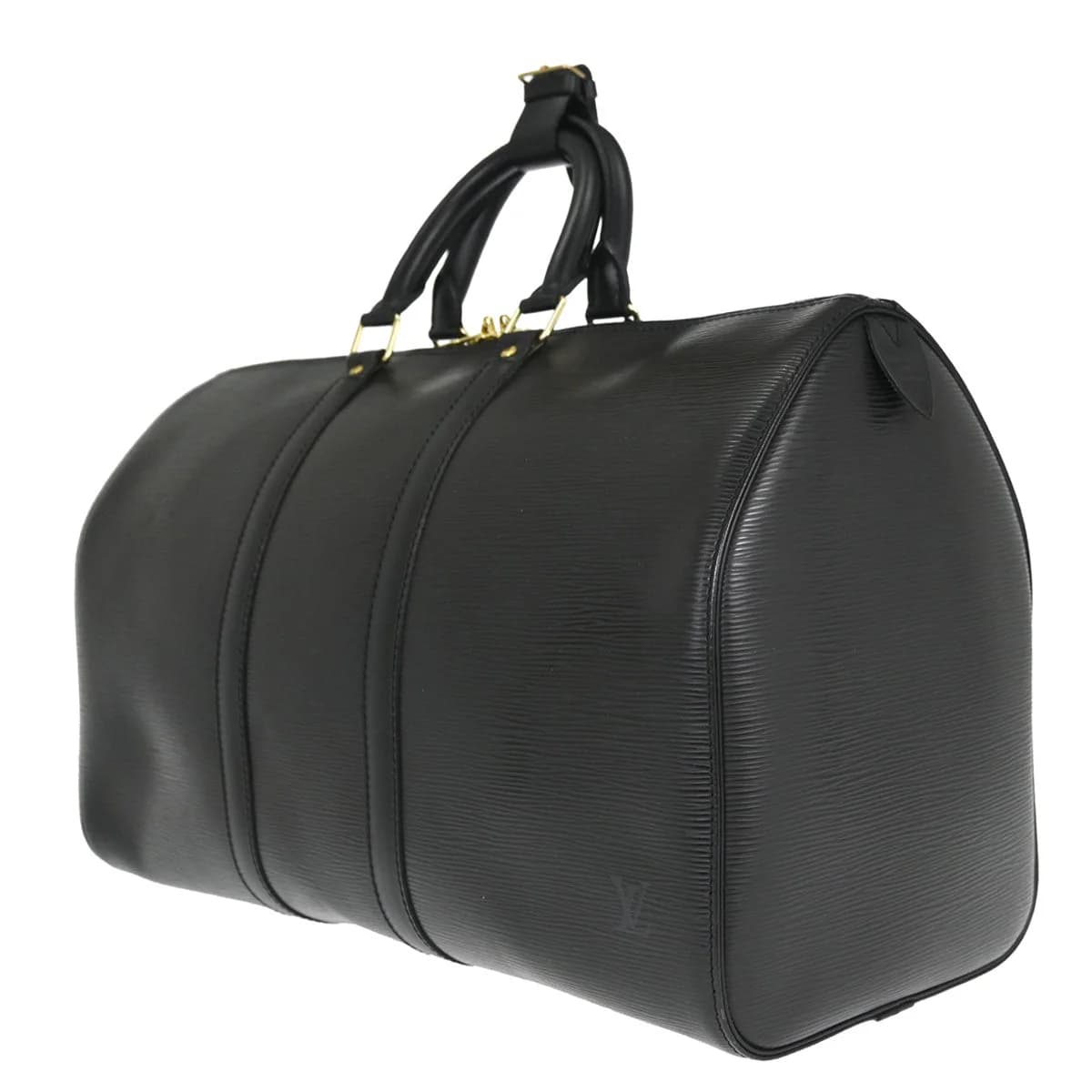 Black textured-leather duffel-style travel bag with double handles and a zip top.