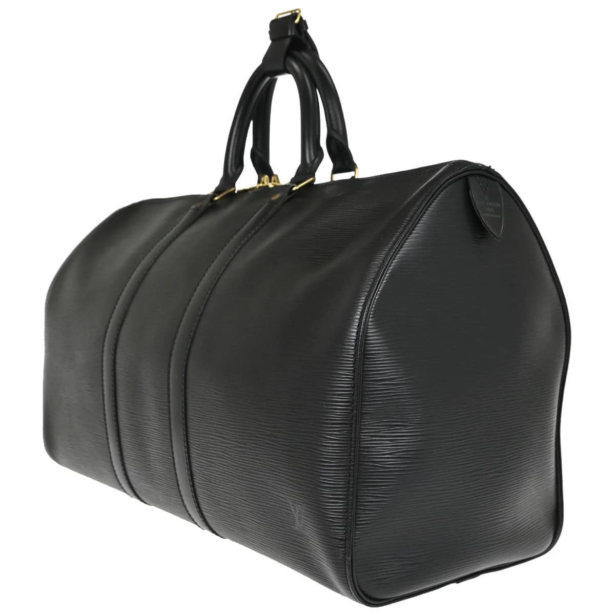 Black textured leather duffle bag with rolled handles and a zip top