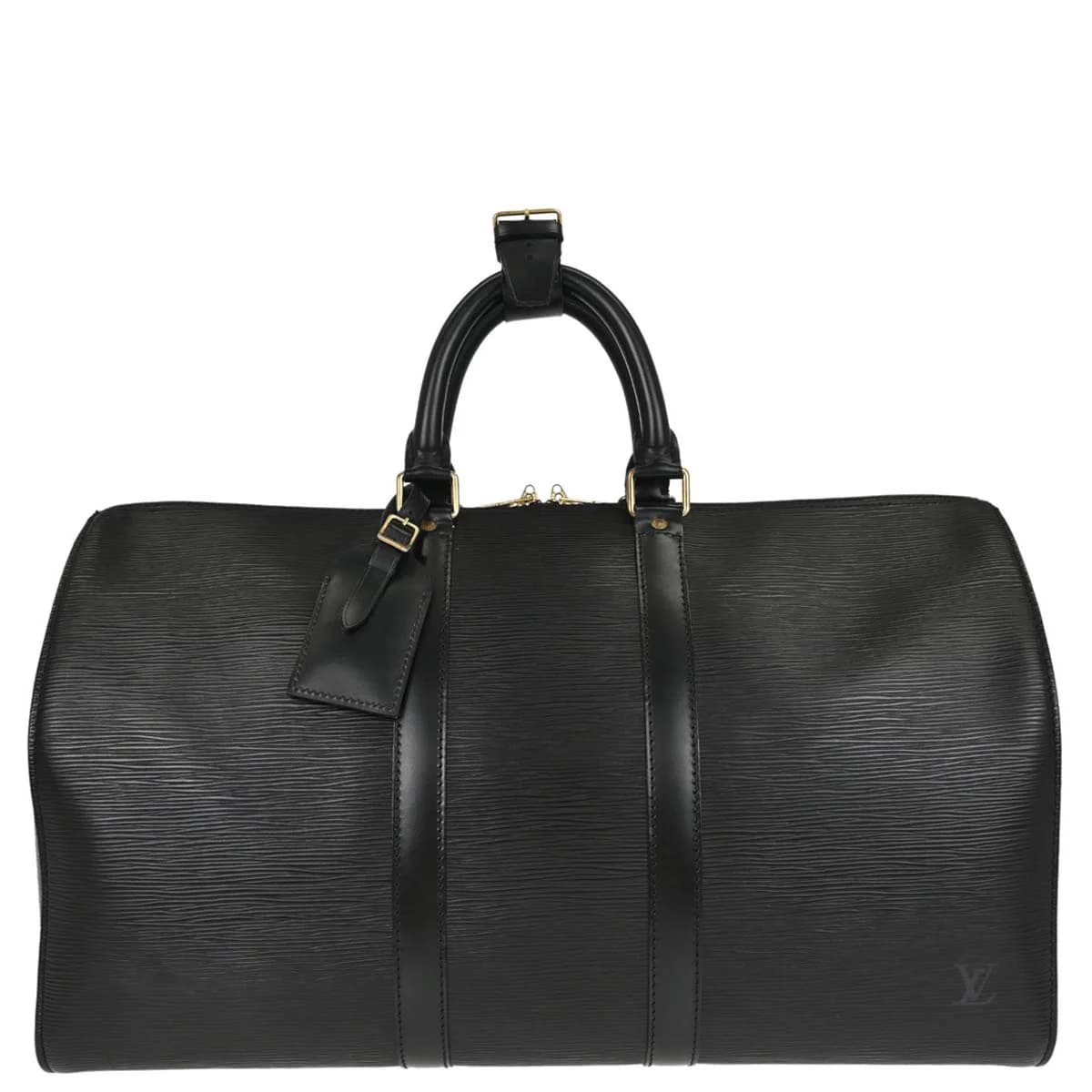 Black textured leather duffle bag with rolled handles and a zip top