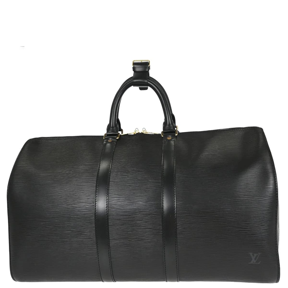 Black textured leather duffle bag with rolled handles and a zip top