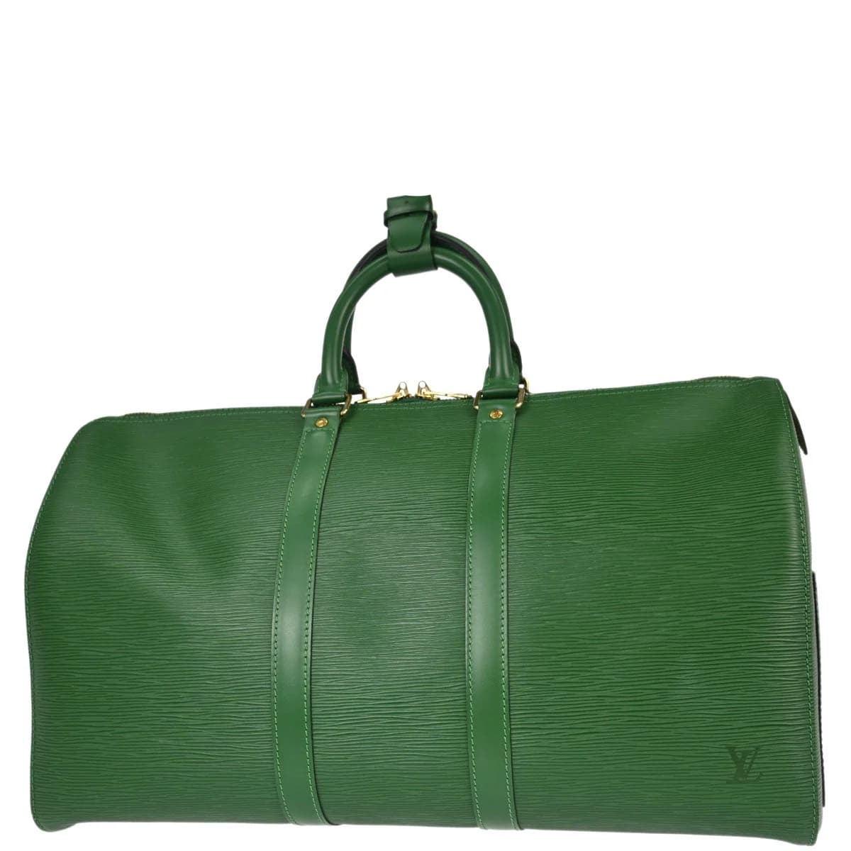 Green leather duffle bag with rolled handles, a zip top and a hanging leather tag.
