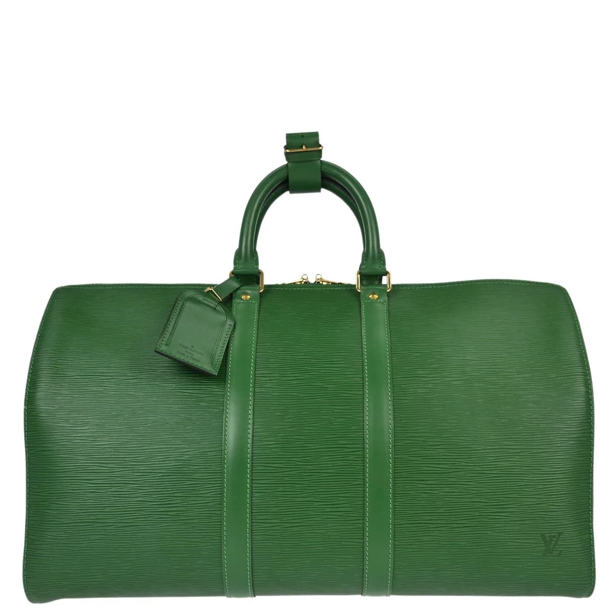 Green leather duffle bag with rolled handles, a zip top and a hanging leather tag.
