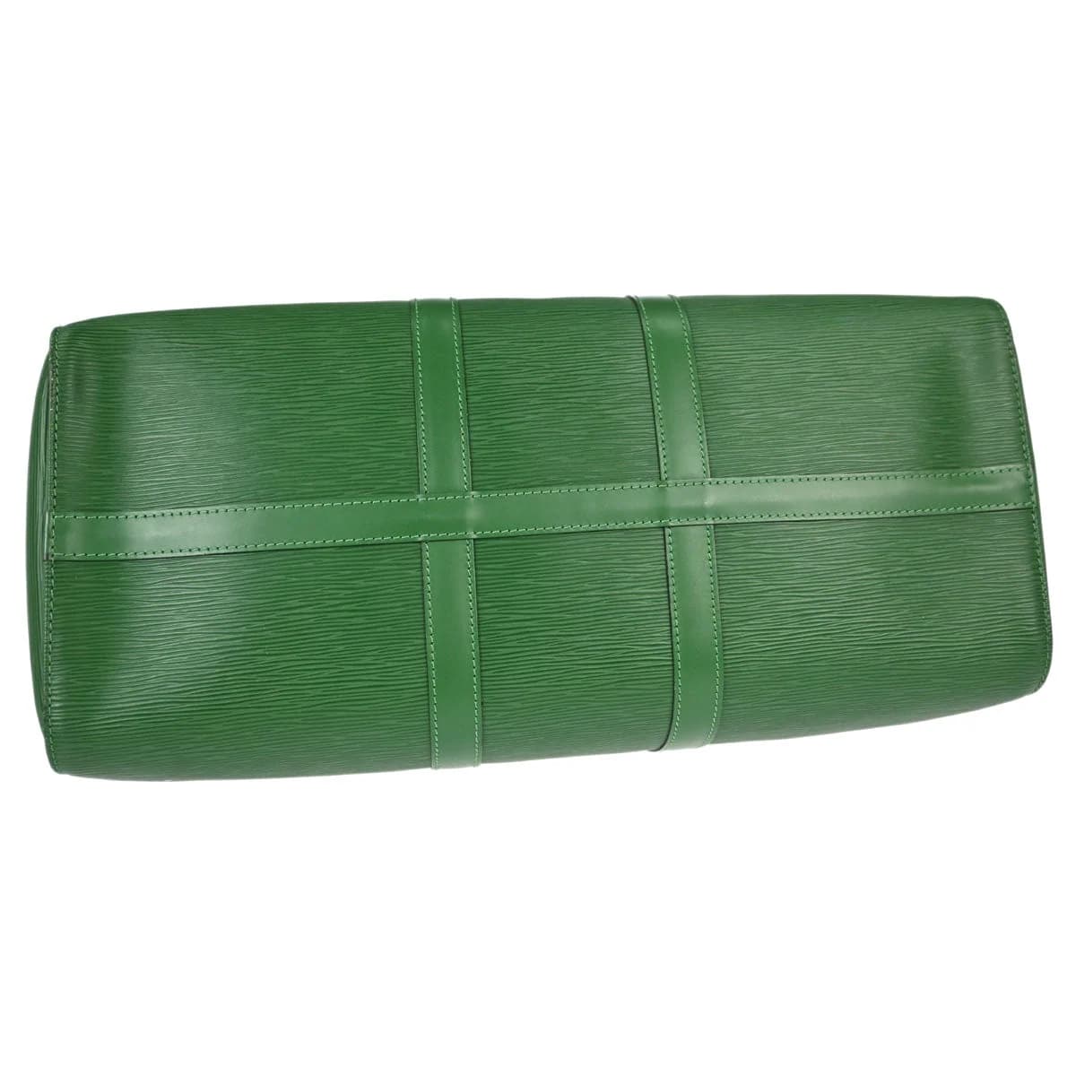 Green leather duffle bag with rolled handles, a zip top and a hanging leather tag.