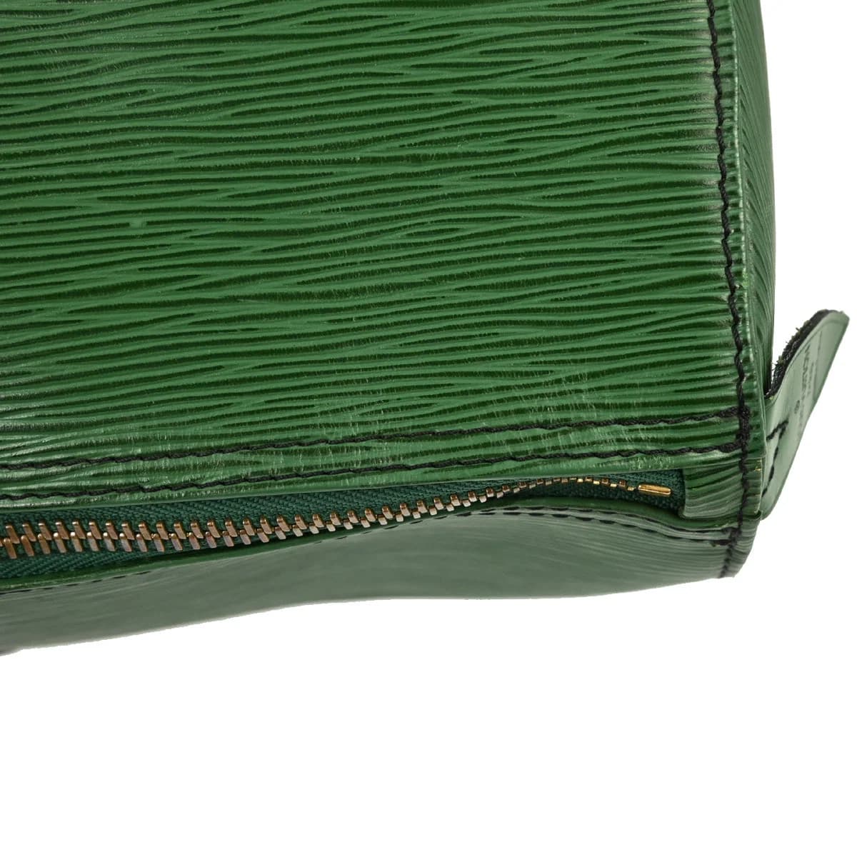 Dark green textured leather duffle bag with twin handles and a zip closure.