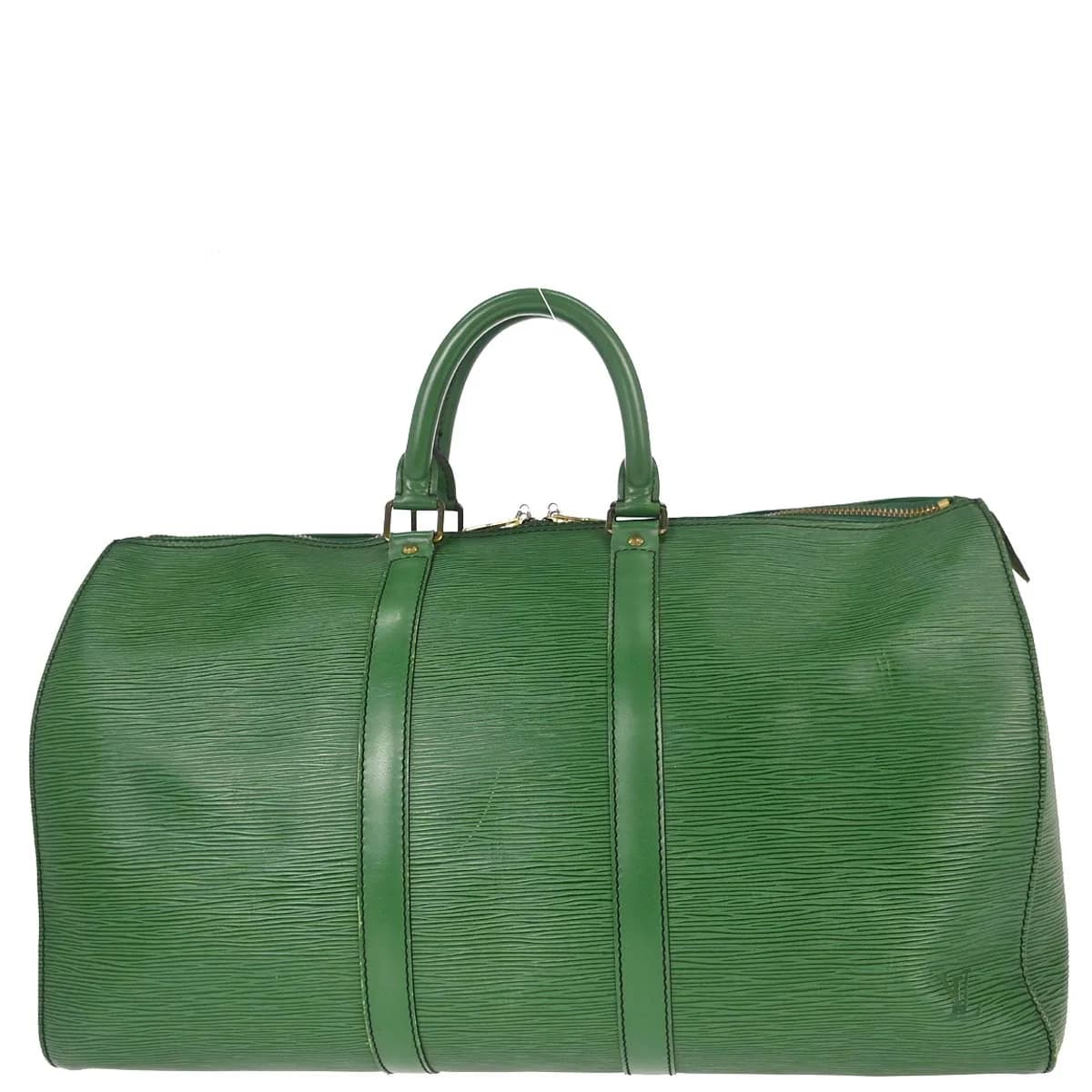 Dark green textured leather duffle bag with twin handles and a zip closure.