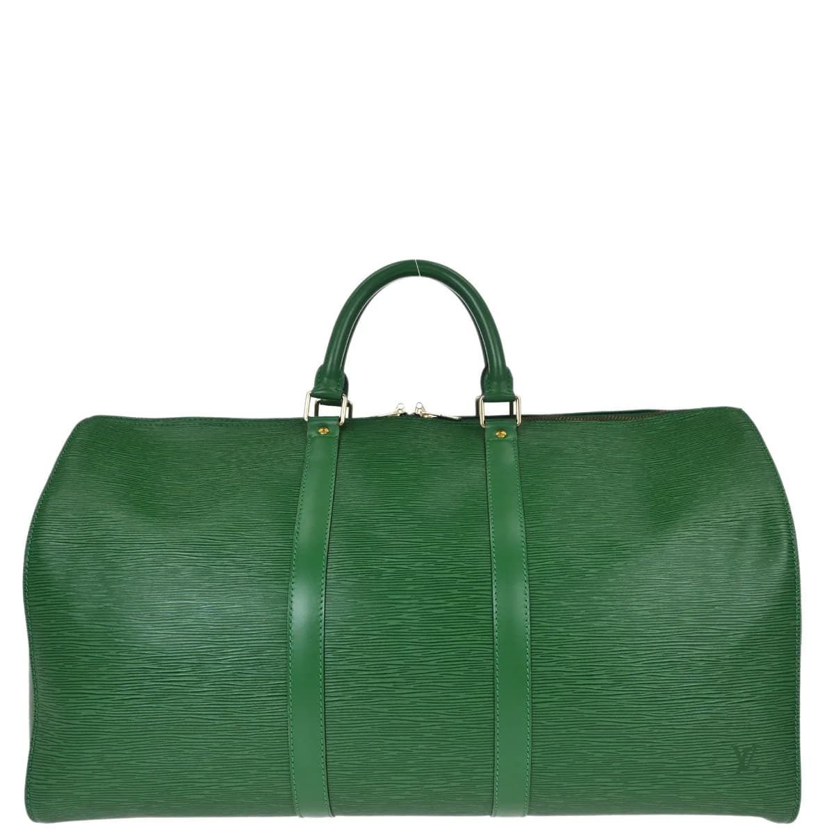 Green textured leather duffle bag with twin handles and a long zip closure.