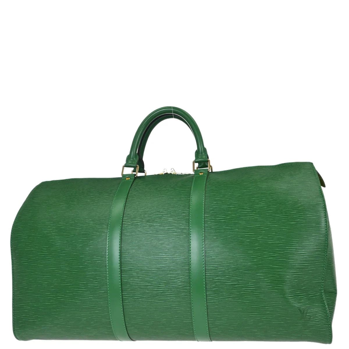Green textured leather duffle bag with twin handles and a long zip closure.