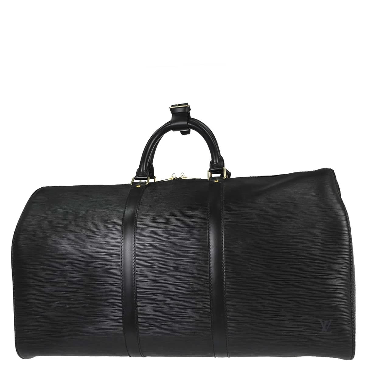 Large black textured-leather duffle bag with twin handles and a zip top.