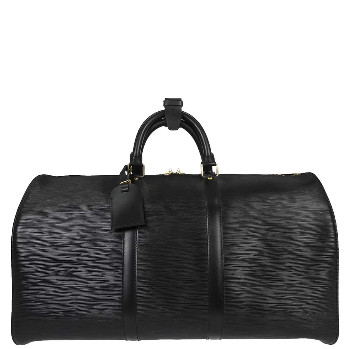 Large black textured-leather duffle bag with twin handles and a zip top.
