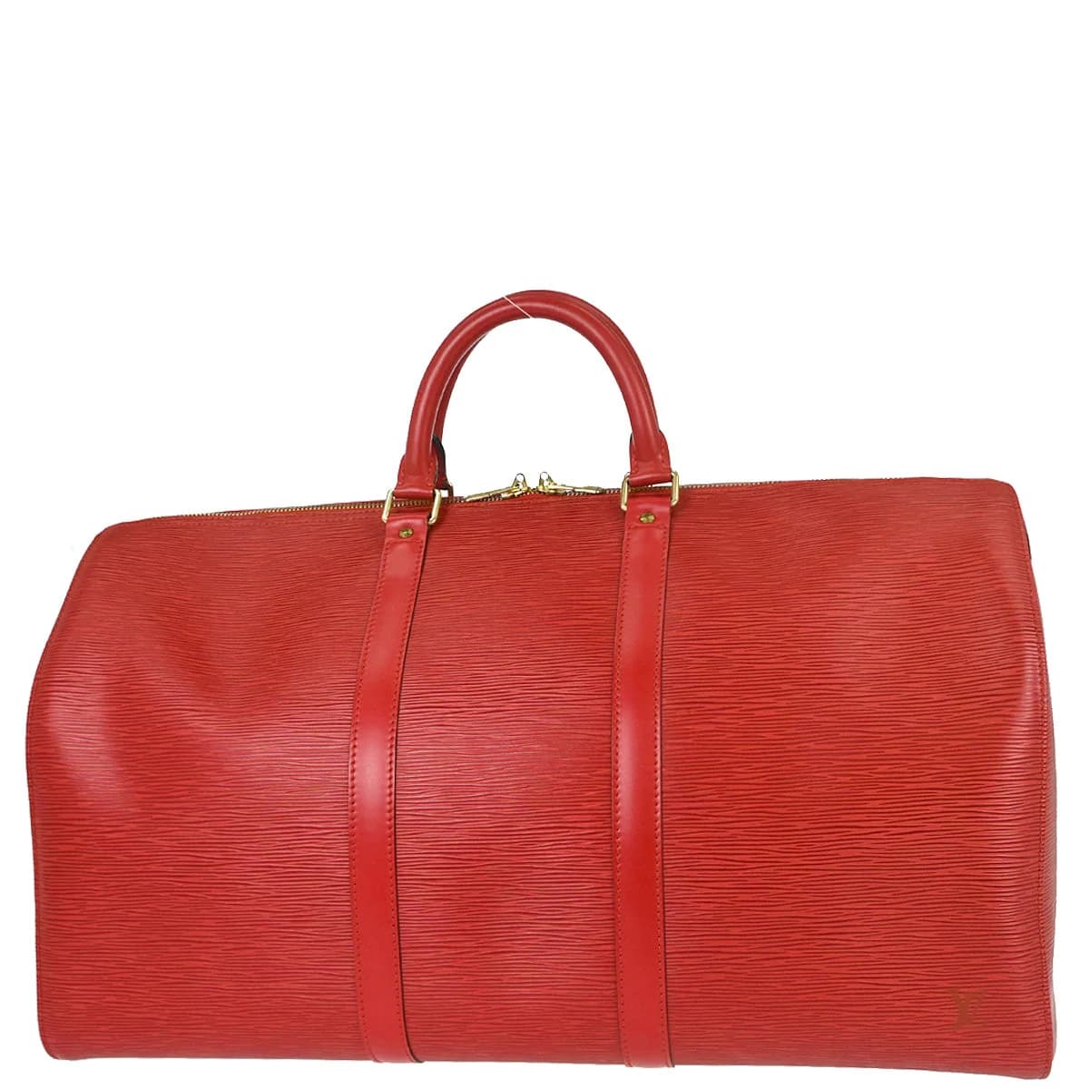 Red textured leather duffle bag with twin handles and a zip top.