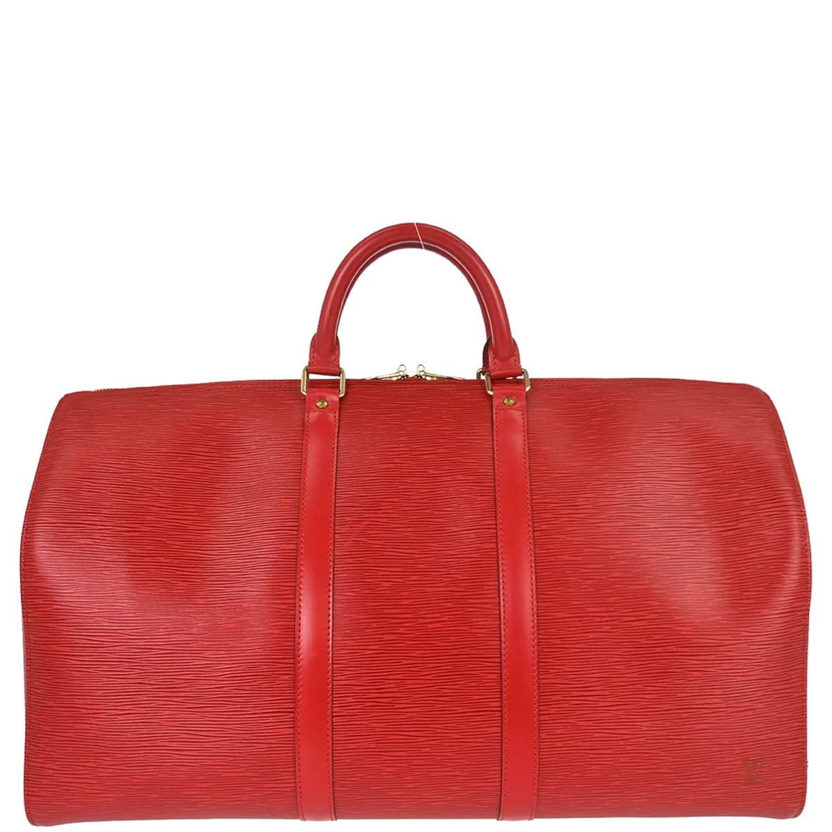 Red textured leather duffle bag with twin handles and a zip top.