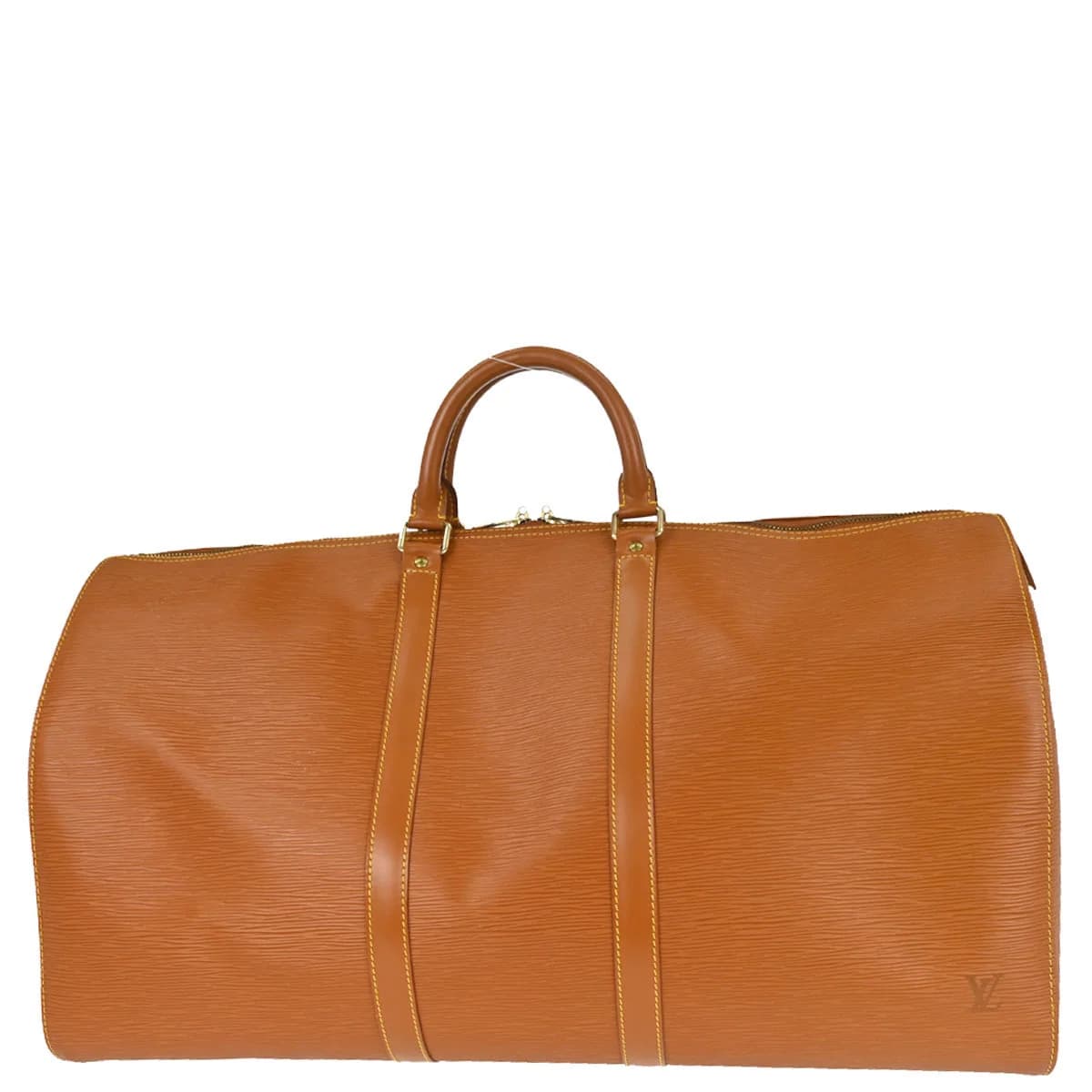 Brown textured leather holdall with twin handles, zip top and side pocket.