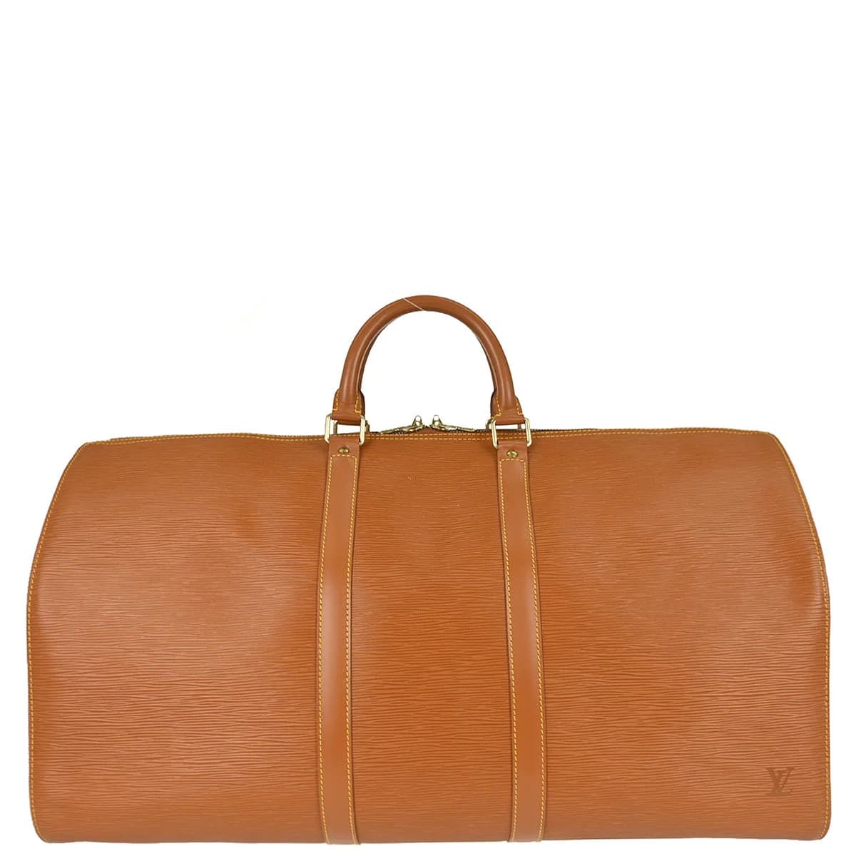 Brown textured leather holdall with twin handles, zip top and side pocket.