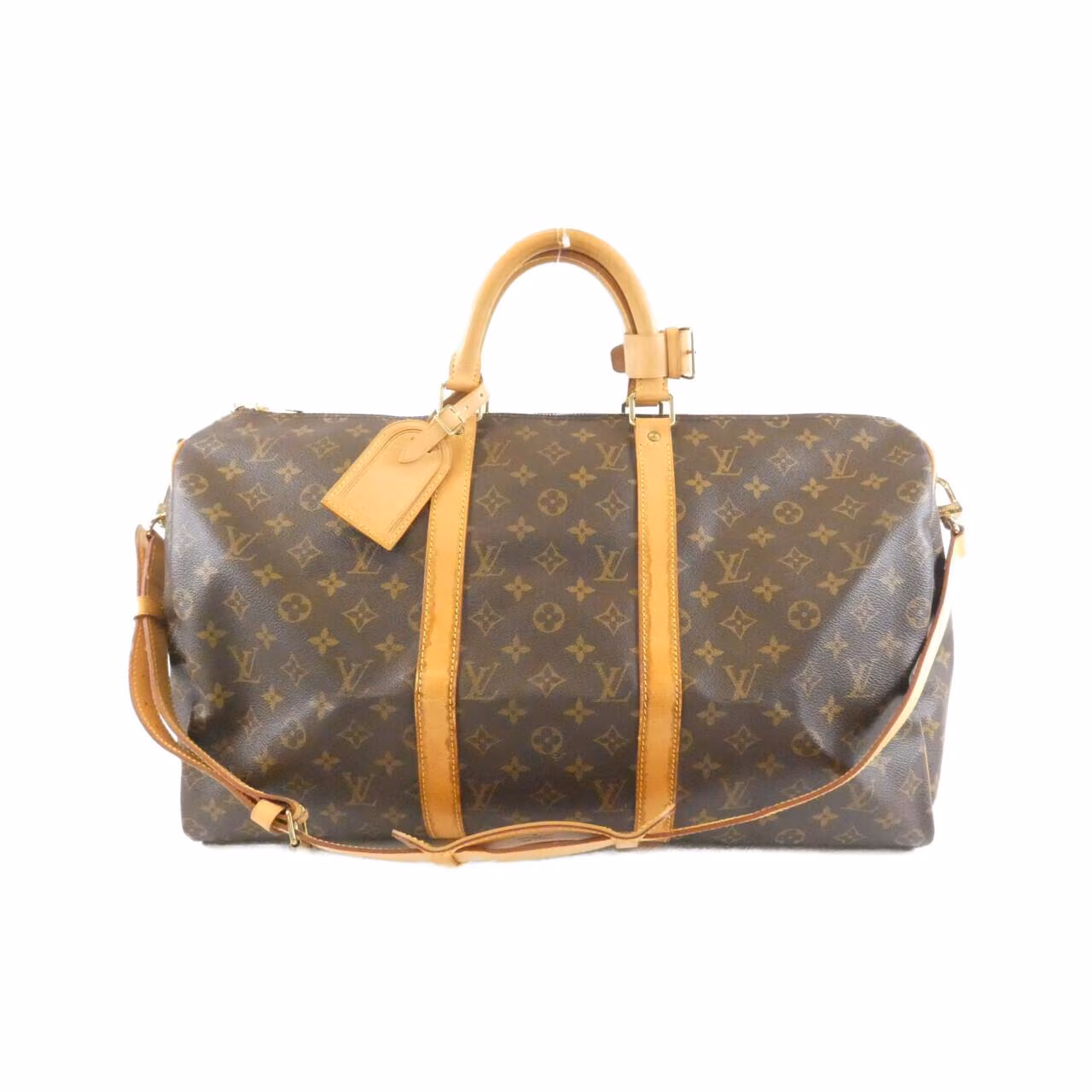 Brown monogram-canvas duffle bag with leather handles and trim.