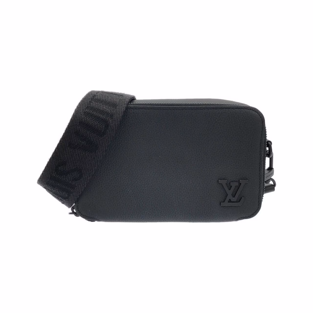 Flat black leather pouch with embossed lettering and a detachable strap.
