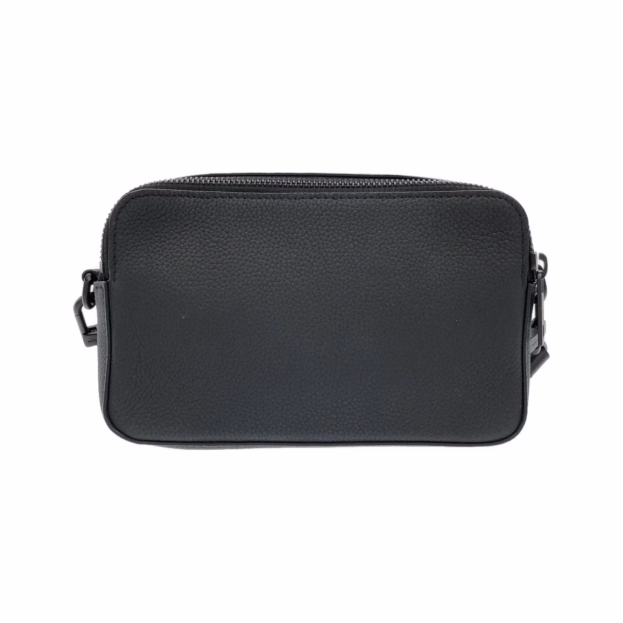 Flat black leather pouch with embossed lettering and a detachable strap.