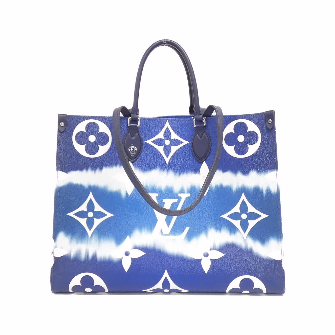 Large open tote bag with twin handles and a tie-dye style monogram print.