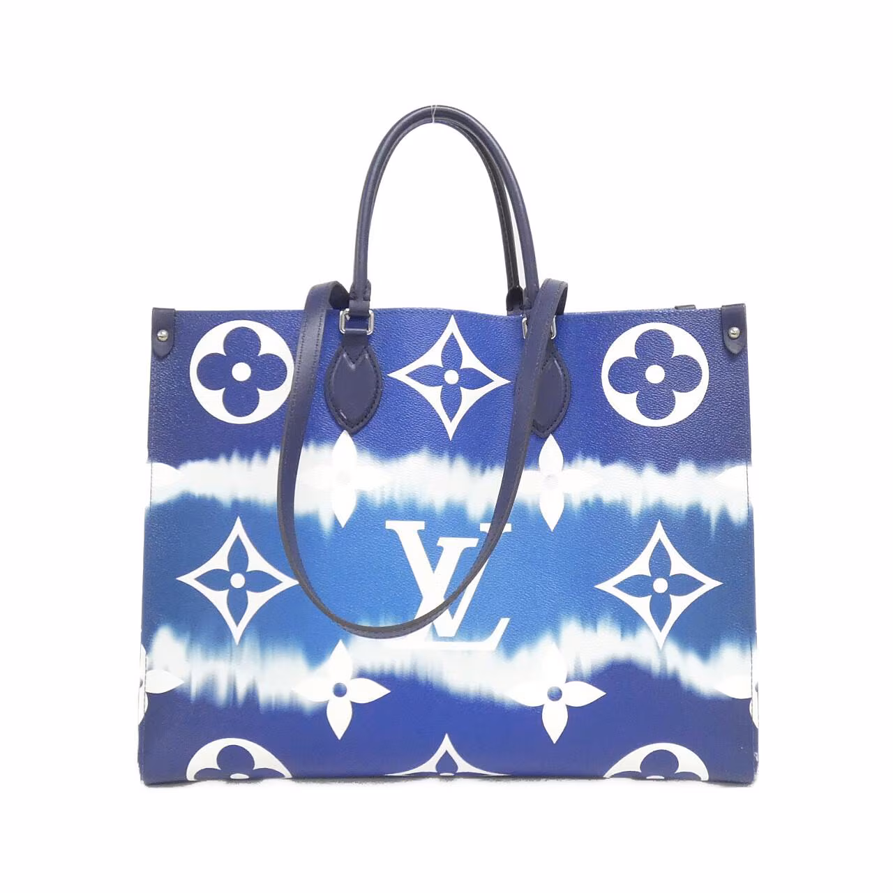 Large open tote bag with twin handles and a tie-dye style monogram print.