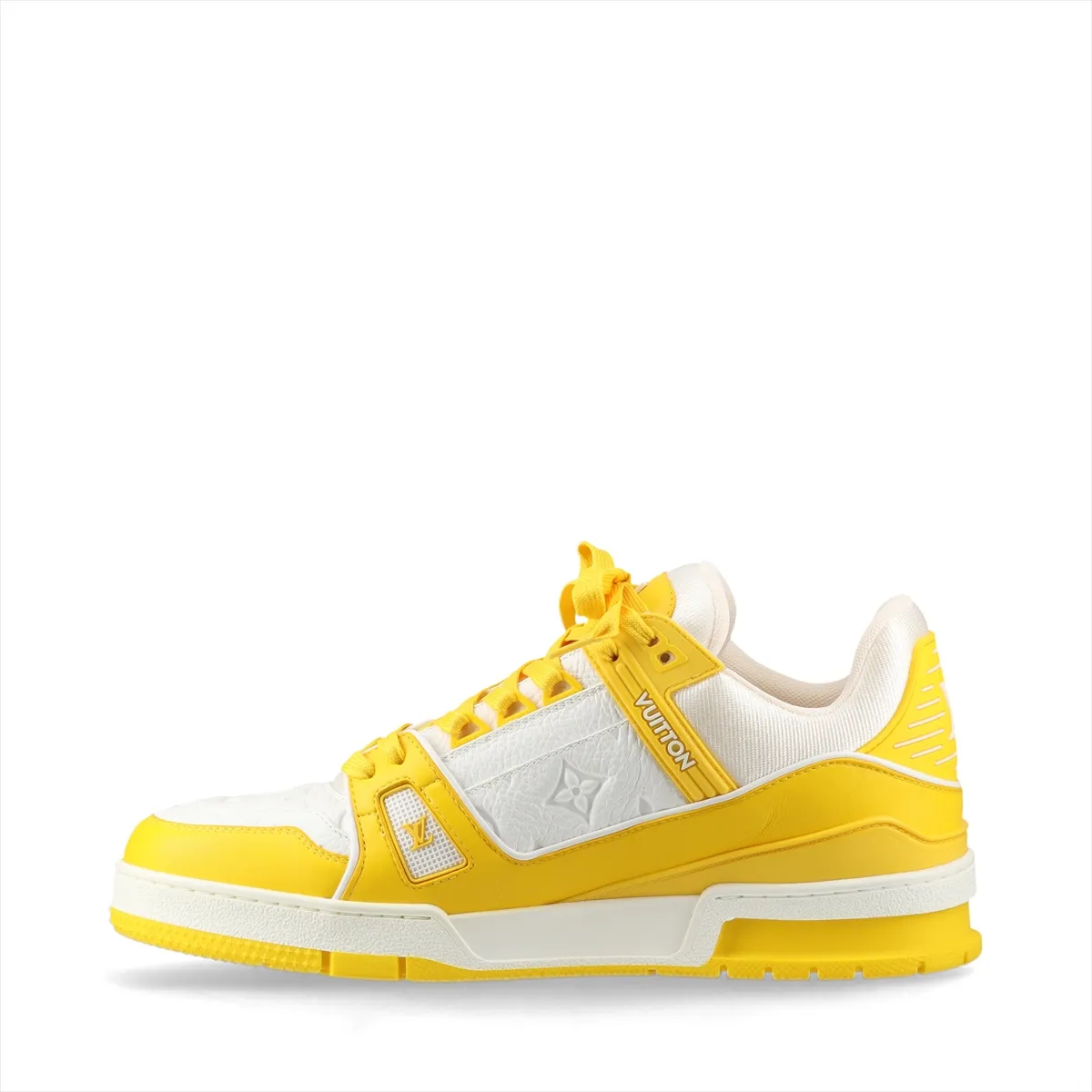 Pair of high-top sneakers in yellow and white with logo lettering on the side panel