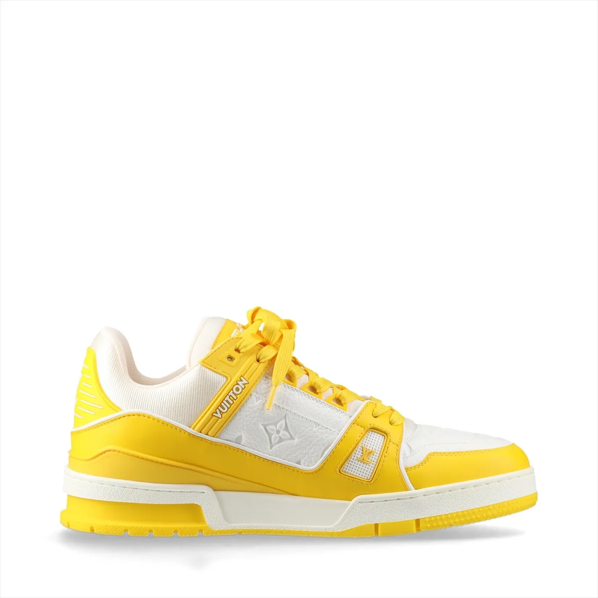 Pair of high-top sneakers in yellow and white with logo lettering on the side panel