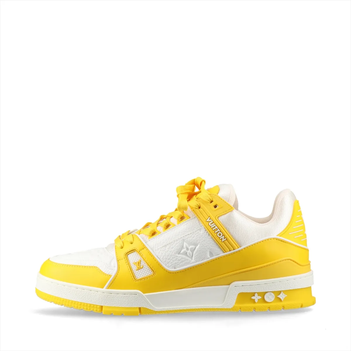 Pair of high-top sneakers in yellow and white with logo lettering on the side panel