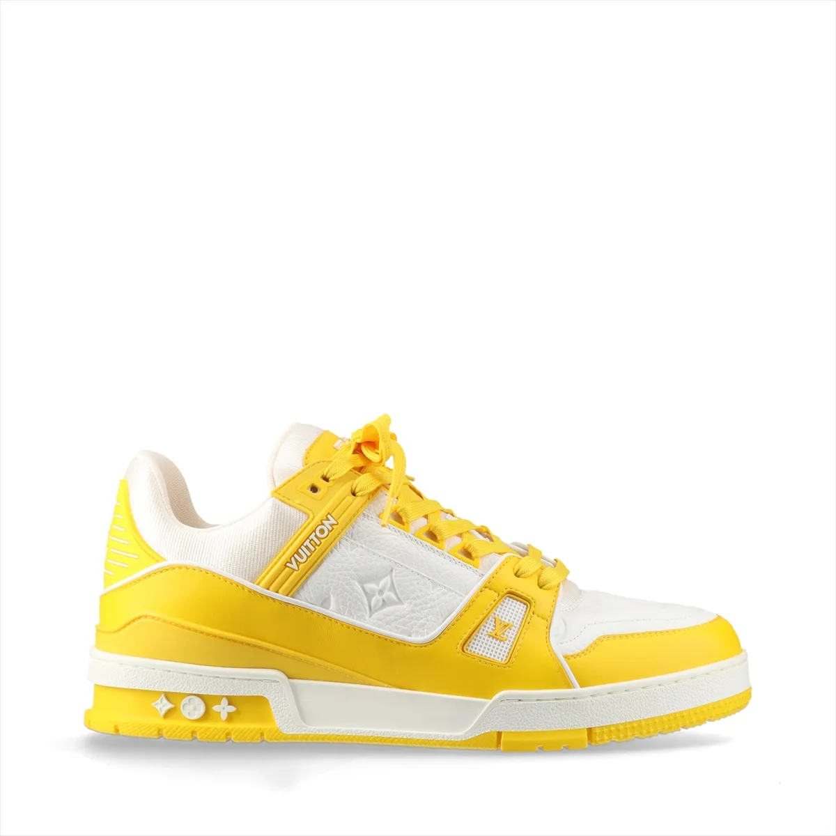Pair of high-top sneakers in yellow and white with logo lettering on the side panel
