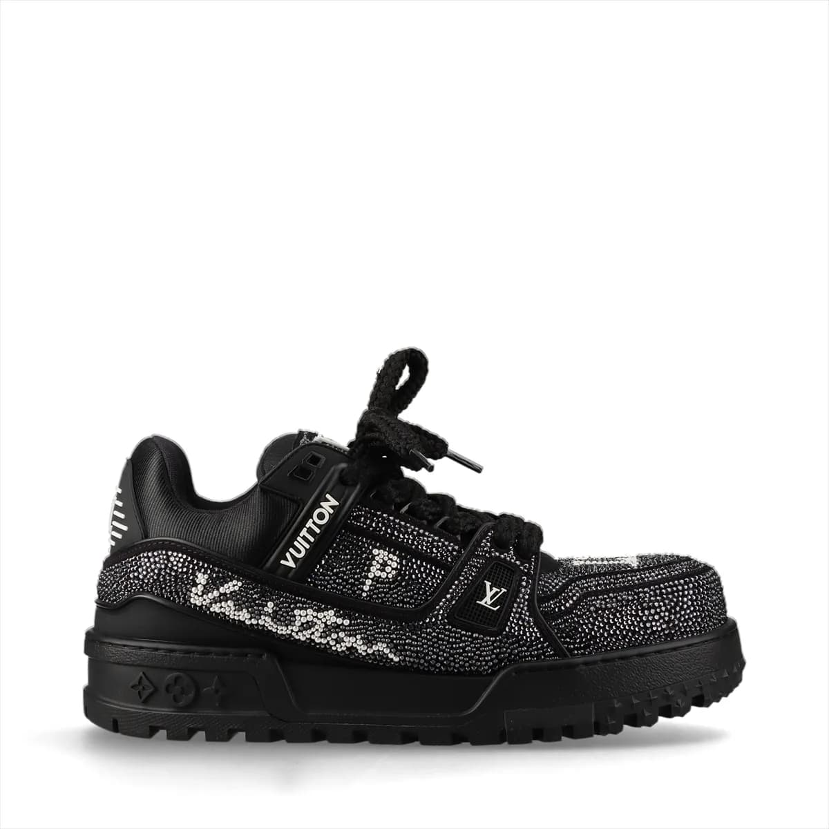 Chunky black and white suede high-top trainers with embellished logo detail and thick soles.