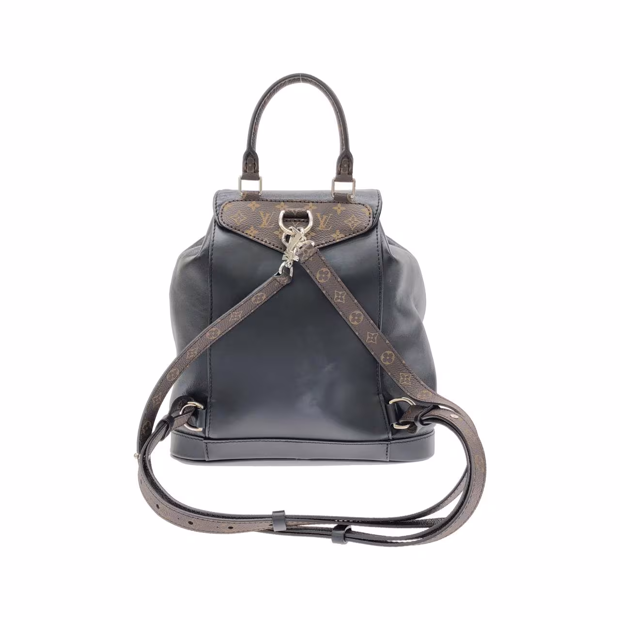 Brown monogram backpack with front flap pocket, buckled straps and adjustable shoulder straps.