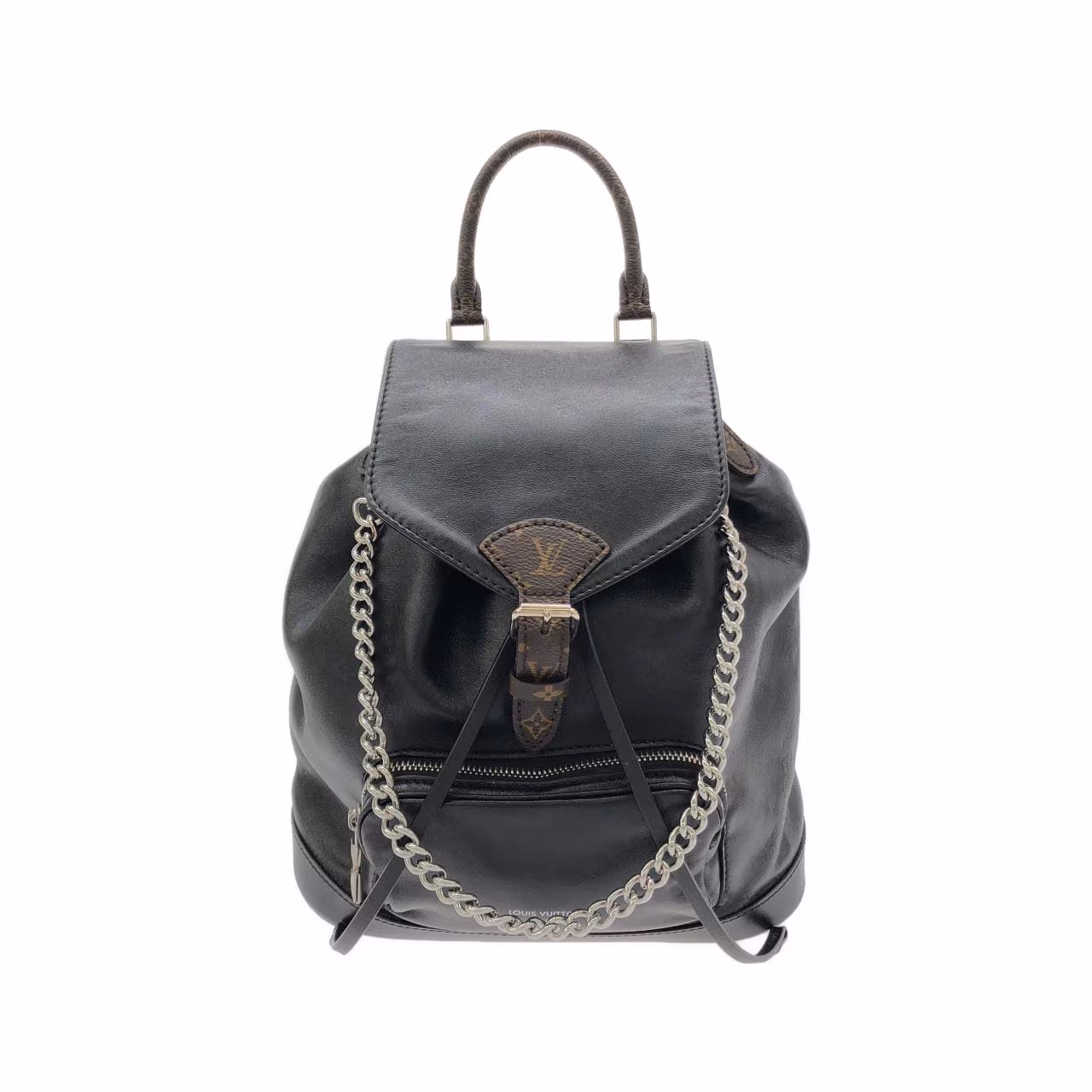 Brown monogram backpack with front flap pocket, buckled straps and adjustable shoulder straps.