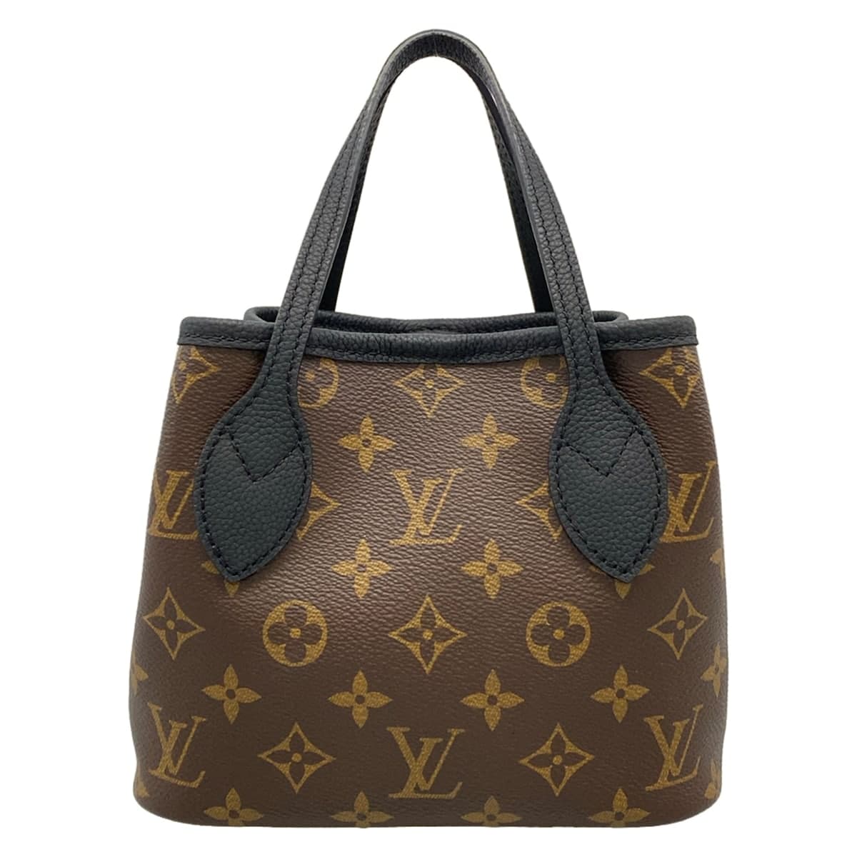 Tote bag with monogram-patterned canvas and black panels, twin top handles.