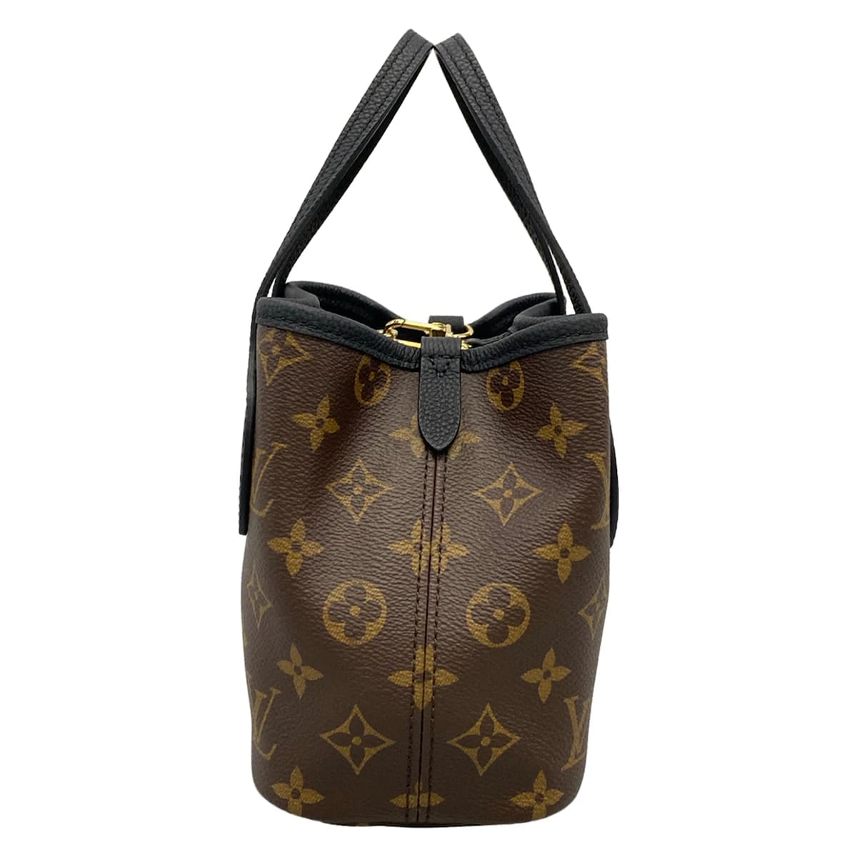 Tote bag with monogram-patterned canvas and black panels, twin top handles.