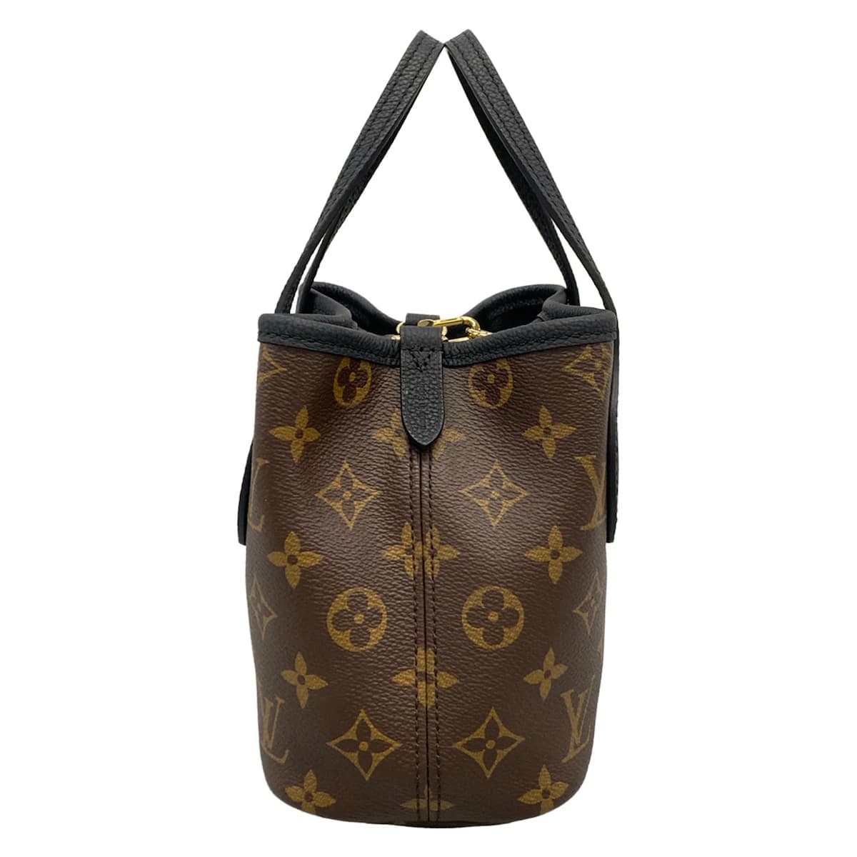 Tote bag with monogram-patterned canvas and black panels, twin top handles.